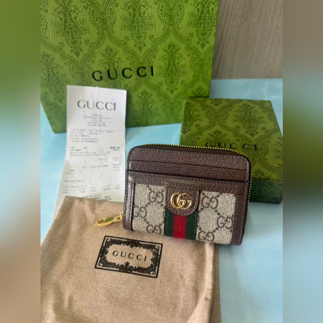 Gucci Gg Canvas And Brown Leather Zip Card Holder - Beige/Brown/Green-Red